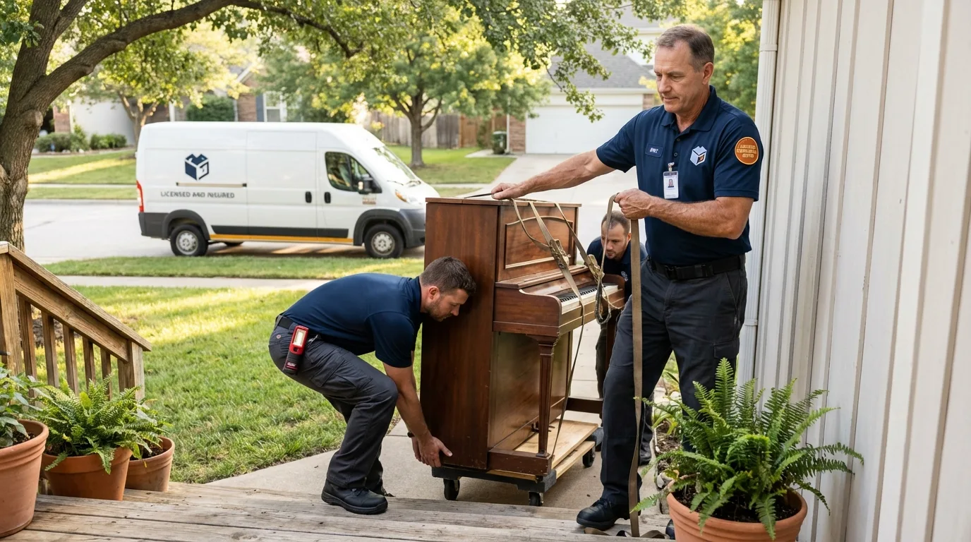 Licensed piano movers securing grand piano in Rollinsford, NH