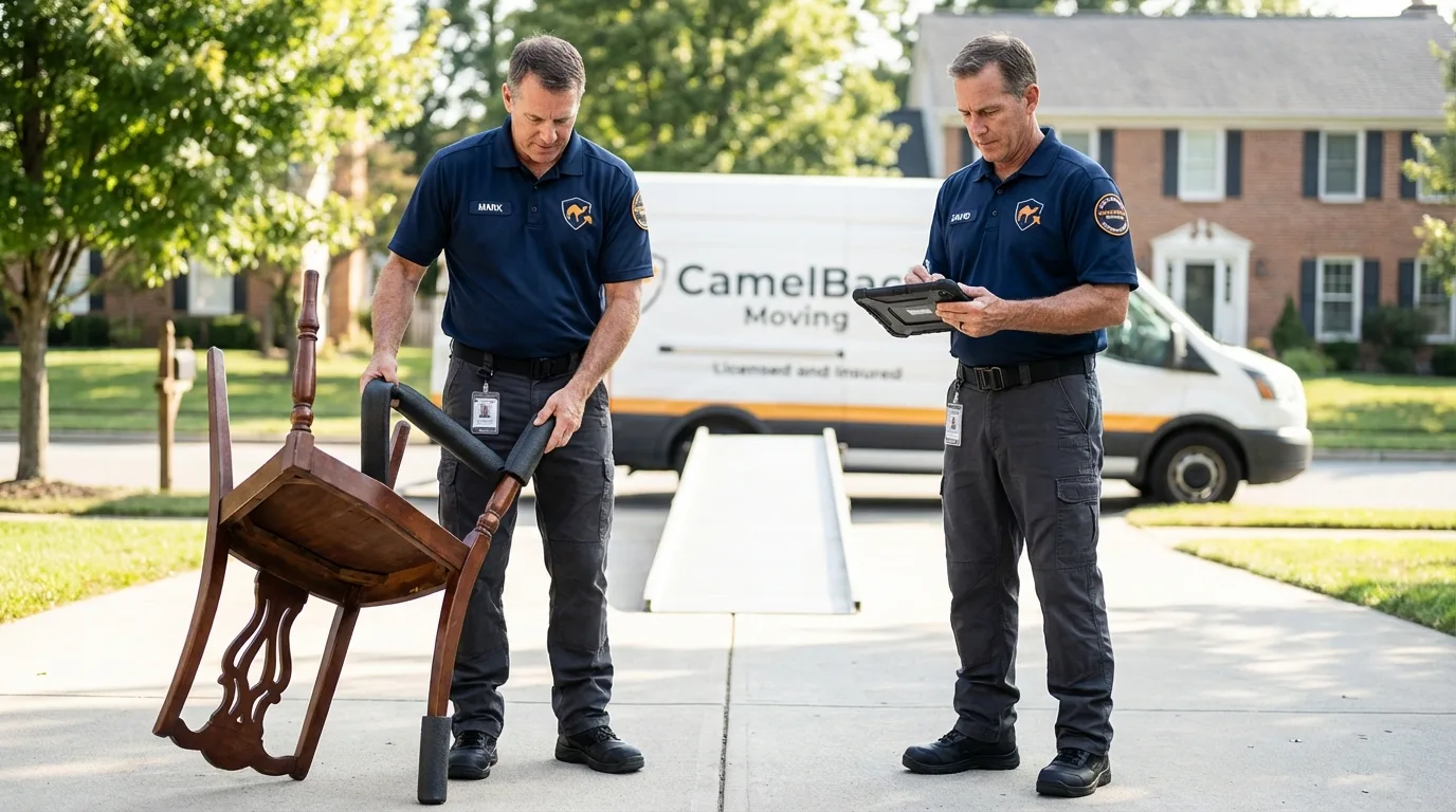 Movers inspecting furniture for damage prevention before loading in Rollinsford, NH