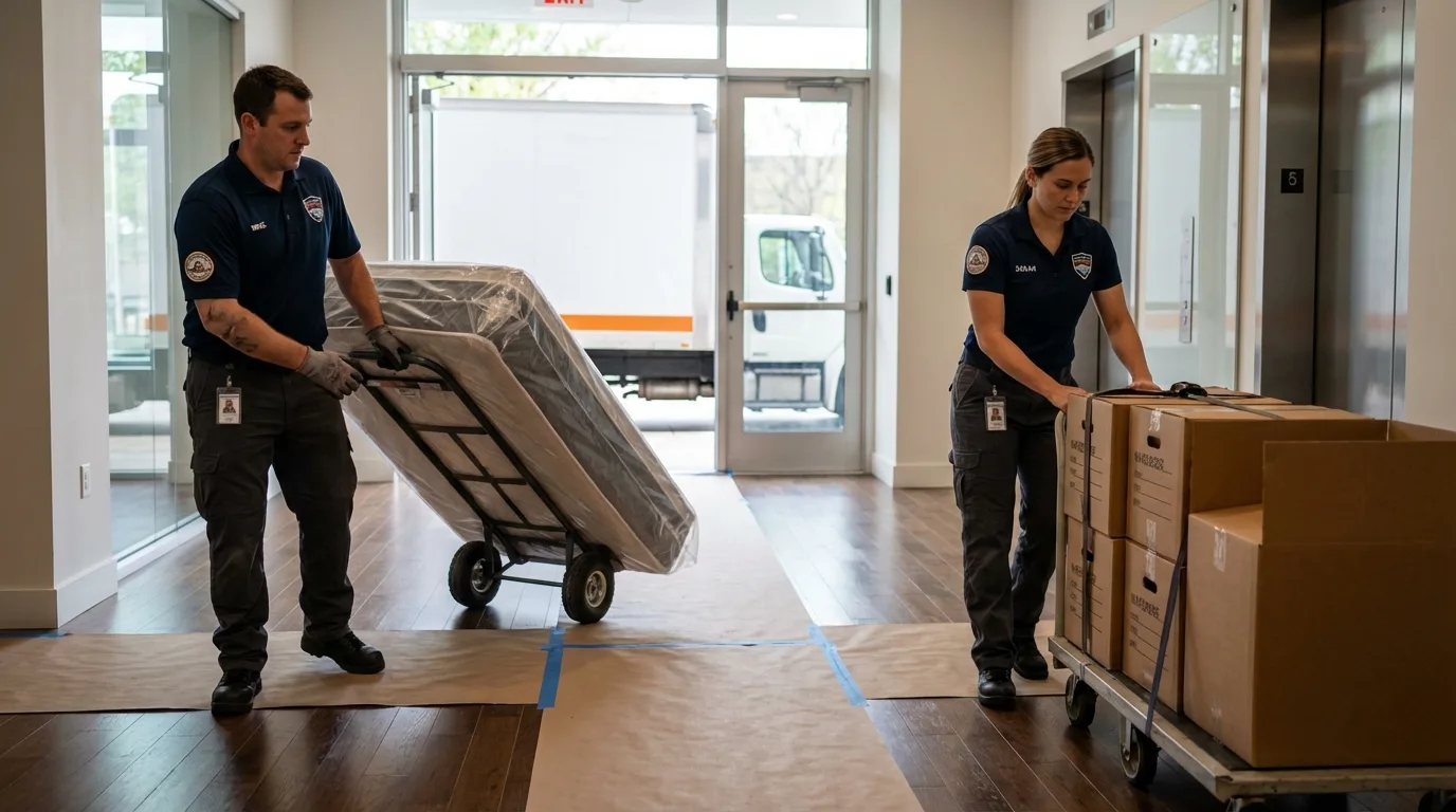 Professional apartment movers loading elevator in Rollinsford, NH