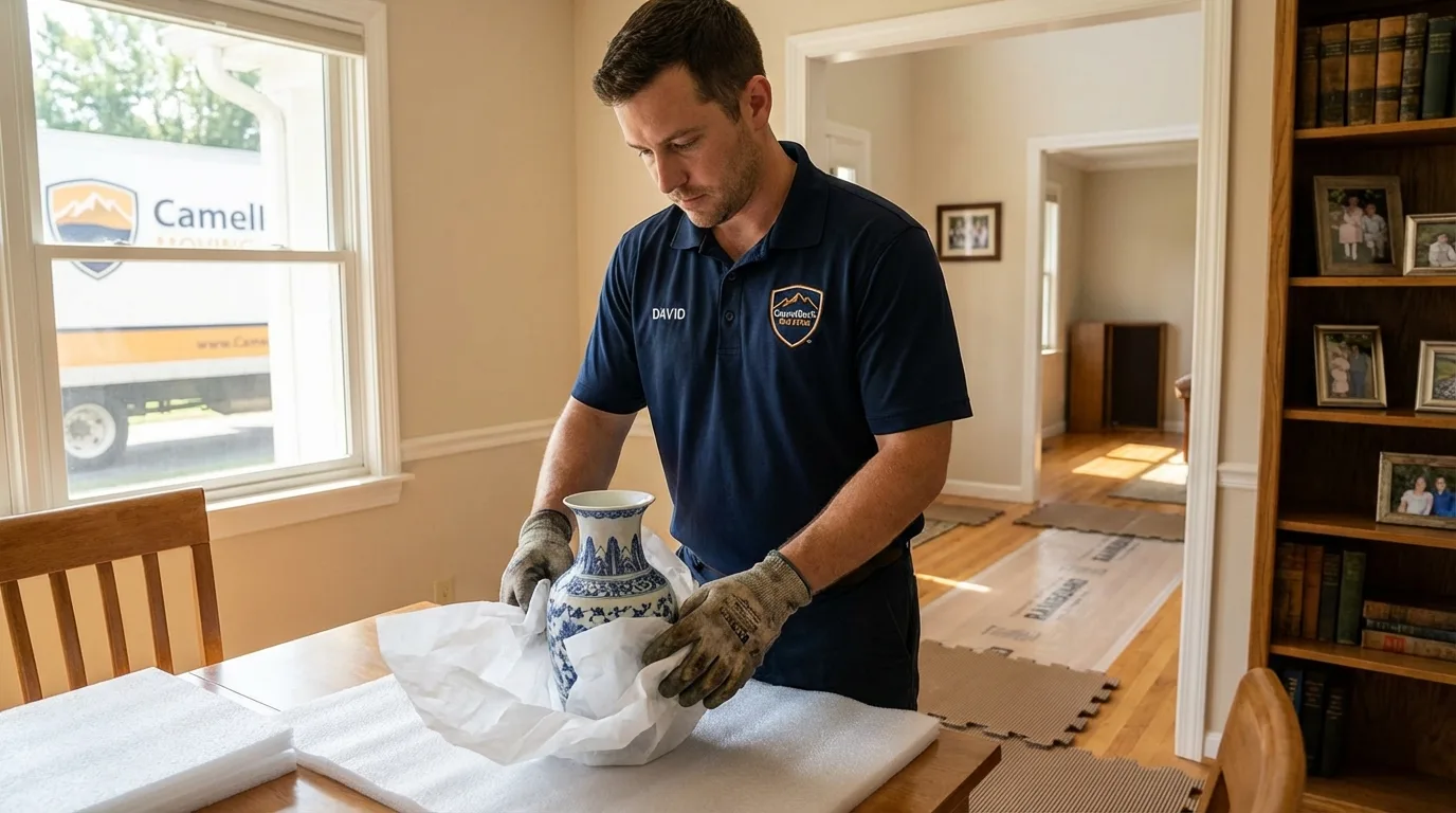 Professional crew carefully wrapping antique vase for senior downsizing move in Rollinsford, NH