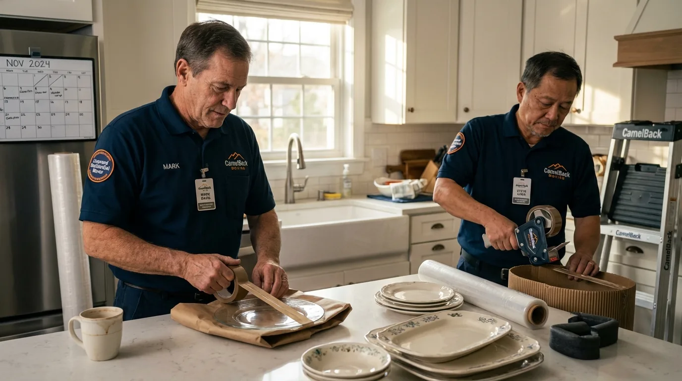 Professional crew packing kitchen dishware in Rollinsford, NH